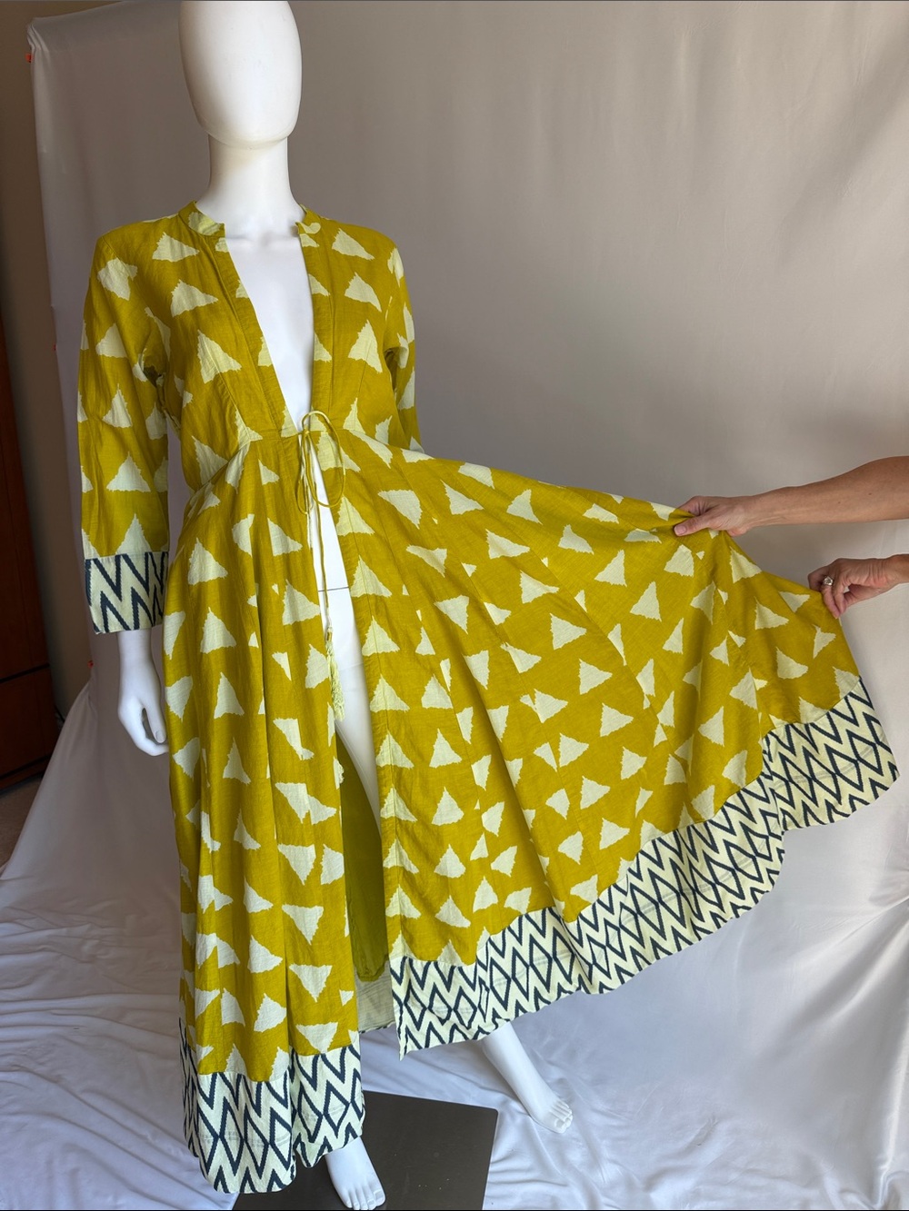 Mustard Yellow Printed Maxi Dress with Tie Front Detail